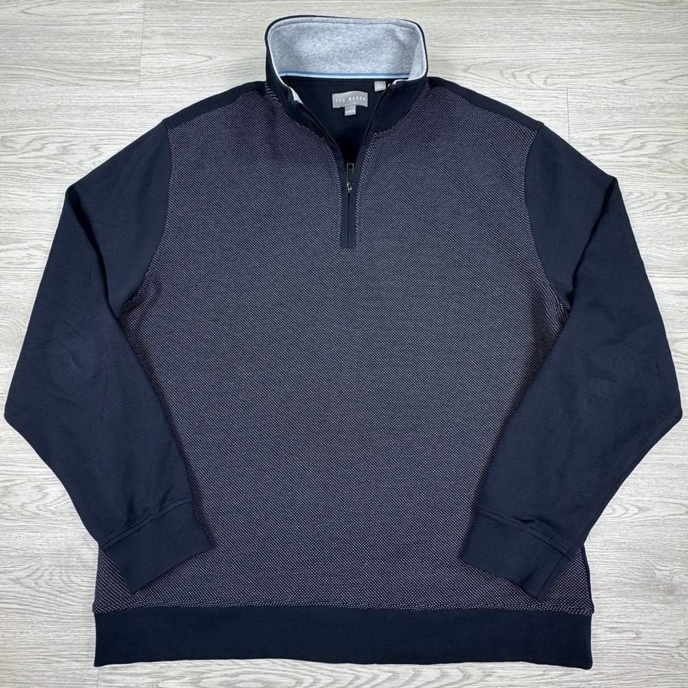 Ted Baker Men's Pullover Quarter Zip Navy Blue XL Textured Mock Neck Sweater